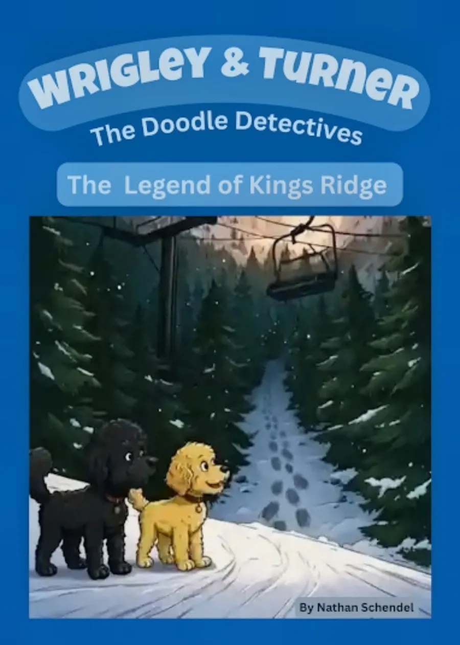 Wrigley and Turner on a snowy ski trail under a chairlift