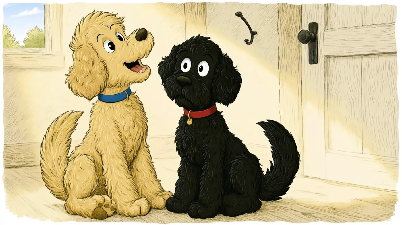 Wrigley in his blue collar and Turner in his red collar, sitting by the front door