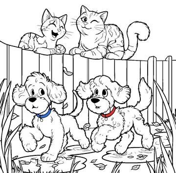 A coloring page of Wrigley and Turner splashing in a puddle while two cats watch from a fence