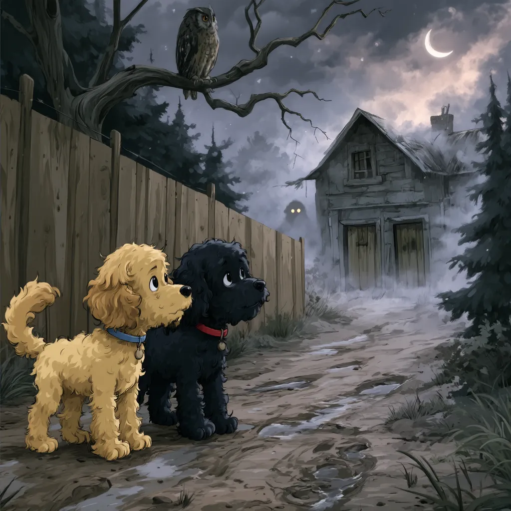 Wrigley in his blue collar and Turner in his red collar on a muddy path at night, with an owl in a tree, an old house in the fog, and a crescent moon